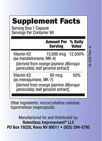Relentless Improvement - Vitamina K2 MK4 Plus MK7 Vegana Naturalmente-Derivada Cápsulas Vegetais 90 Unidades