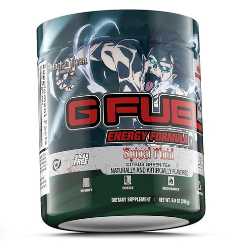 G Fuel Attack on Titan Pó Energético, Sem Açúcar, Suplemento de Foco com Cafeína Limpa, Mistura para Água, Sabor Chá Verde Cítrico, Aminoácidos de Foco, Vitaminas Antioxidantes – 280g