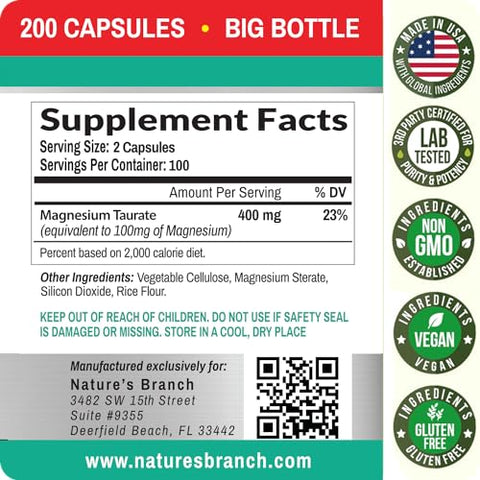 Nature's Branch - Magnésio Taurato 400mg – 200 Cápsulas – Alta Absorção para Sono, Saúde Cardíaca, Calma, Suplemento para Articulações para Mulheres e Homens – Fabricado nos EUA, Pó de Mag Elemental Puro Mais Taurina