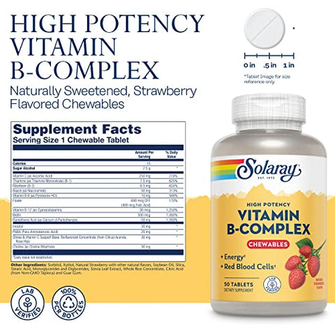 SOLARAY - Solaray Vitamina B-Complexo Mastigável, Morango, Energia Saudável, Células Vermelhas do Sangue, Estresse