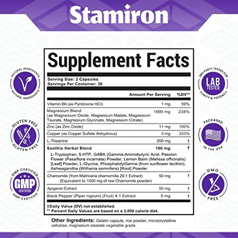 Stamiron - Magnésio Complexo 1000mg L Theanina 200mg Apigenina 50mg Suplemento com Mag Glicinato Citrato Malato Taurato Camomila 5-HTP Flor de Maracujá Melissa B6 Ashwagandha e L