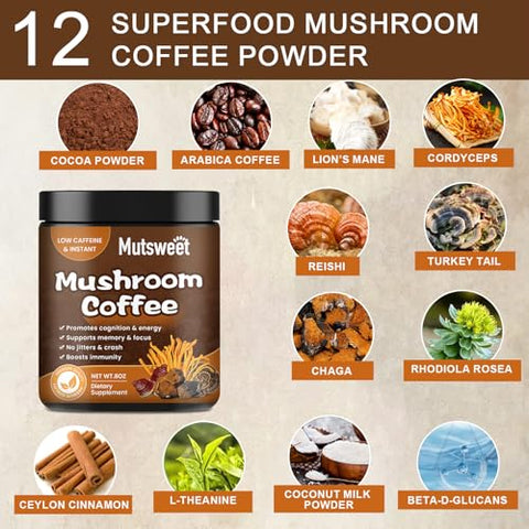 Mutsweet - Blend de Cogumelos para Café, Smoothies e Lattes – Pó de Cogumelo (57 Porções) com Lion’s Mane, Reishi, Cordyceps, Turkey Tail, Chaga – Energia, Foco, Imunidade