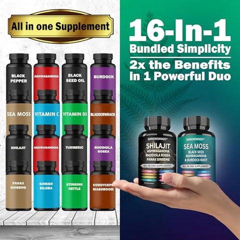Darkingwings - Combo Shilajit e sea moss – Sea Moss 3000mg, Black Seed Oil 2000mg, Ashwagandha 2000mg, Shilajit 9000mg, Rhodiola Rosea 1000mg, Panax Ginseng 1500mg | sea moss e shilajit