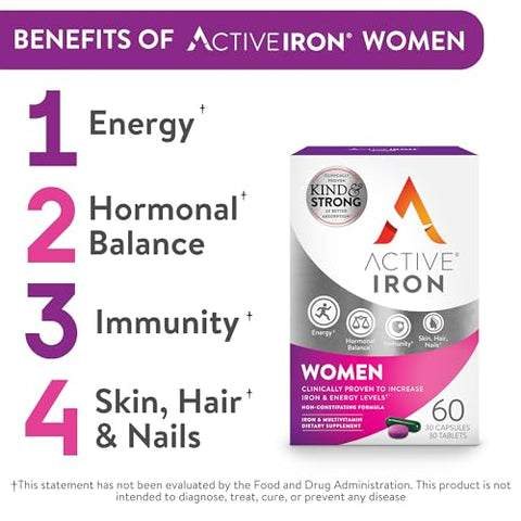 A ACTIVE - Active Iron for Women – 30 Cápsulas de Alta Potência de Ferro Ativo com 30 Comprimidos Multivitamínicos, Fortalece o Sistema Imunológico – 2 Pacotes