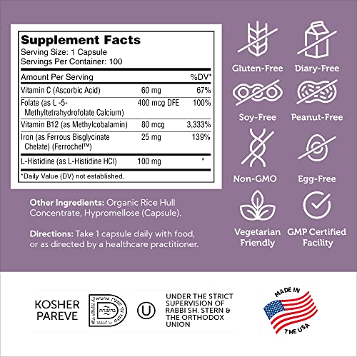Suplemento de Ferro com Vitamina C – Cápsulas de Ferro para Mulheres e Homens – Alta Absorção, Suave no Estômago, Kosher Suplementos de Ferro Ferroso com Vitaminas C, B12, Folate - Zahler
