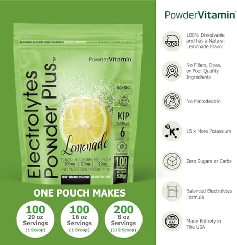 PowderVitamin - Pó de Eletrólitos Plus Keto, Limonada (100 Porções) 0 Açúcar, Sem Maltodextrina, 1000mg de Potássio, 120mg de Cálcio, 120mg de Magnésio, Vitamina C Orgânica, Zero Calorias, Hidratação Energética