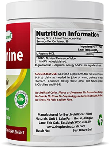 Best Naturals - Melhor Naturals L-Arginina em Pó 454g – Grau Farmacêutico Puro – Melhores Suplementos de Aminoácidos de Arginina para Mulheres