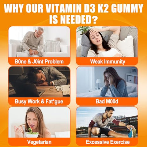 Maennyliy - Vitaminas D3 K2 Gummies para Adultos – D3 5000IU K2 (MK-7) 120mcg – Sem Açúcar – Suplementos D3 e K2 com Ômega-3, Metil B12, B9, B6, Vitamina E