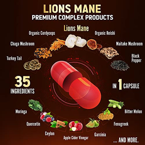 Zolotus - 35 em 1 Cápsulas de Cogumelo do Leão, Equivalente a 20000mg, com Cordeyceps, Reishi, Sabugueiro, Ginseng Panax, Foco, Memória