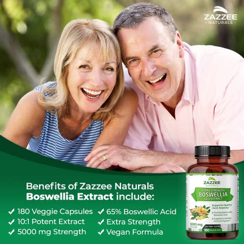 Boswellia Serrata Extra Forte 10:1 Extrato, 5000 mg Potência, 65%% Ácido Boswélico, 180 Cápsulas Veganas, 6 Meses de Suprimento, Padronizado 10X Alta Potência, 100%% Vegetariano - Zazzee