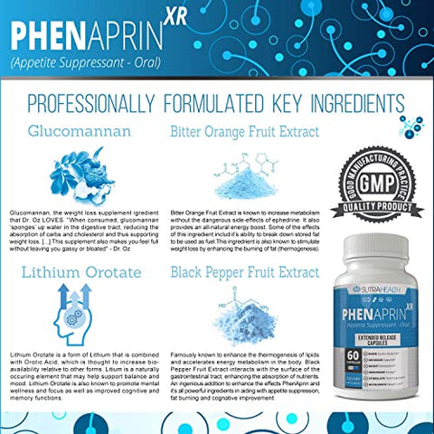 SutraHealth - PhenAprin XR – Pílulas de Emagrecimento (60 Cápsulas Azuis/Brancas) Fórmula Profissional de Alta Qualidade com Glucomanano – Supressor de Apetite de Máxima Potência para Mulheres e Homens
