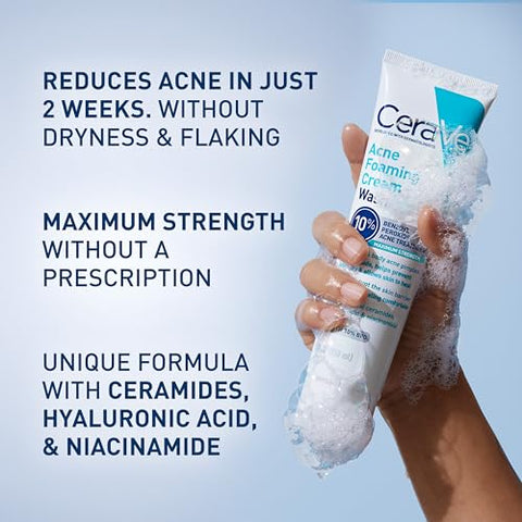 Creme de Limpeza Espumante para Acne | Suave para Rosto e Corpo com Ácido Salicílico 10%%, Ácido Hialurônico e Niacinamida | Tratamento para Acne que Elimina Espinhas, Cravos - CeraVe