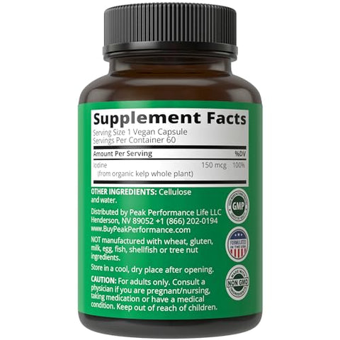 Suplemento de Iodo Orgânico de Algas Marinhas (Ascophyllum Nodosum) da Peak Performance. Comprimidos de Suporte de Iodeto de Potássio para Metabolismo, Energia e Imunidade. 60 Veganos