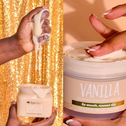 Conjunto Presente Tree Hut Vanilla Shea Sugar Scrub com Manteiga Corporal Batida, Novo Aroma 2023, 26,4 Onças Bege