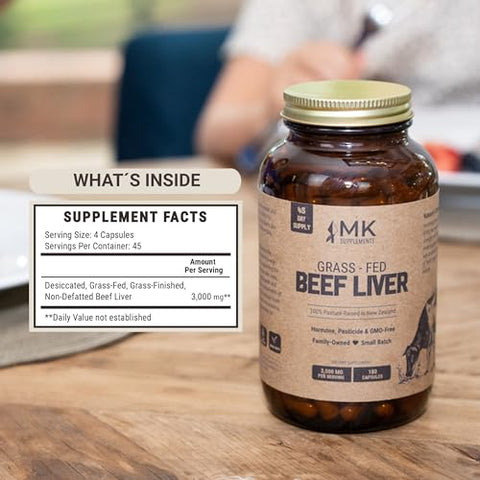 Fígado Bovino 3000 mg, Cápsulas de Fígado Bovino Liofilizado, 100%% Criados em Pasto na Nova Zelândia, 180 Cápsulas de Fígado, Suprimento de 45 Dias - MK Supplements