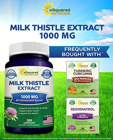 Cápsulas de Cardo de Leite 1000mg-200, Extrato Concentrado 4X 4:1 em Pó de Semente de Cardo de Leite, 1000mg de Extrato de Silimarina para o Fígado - aSquared Nutrition