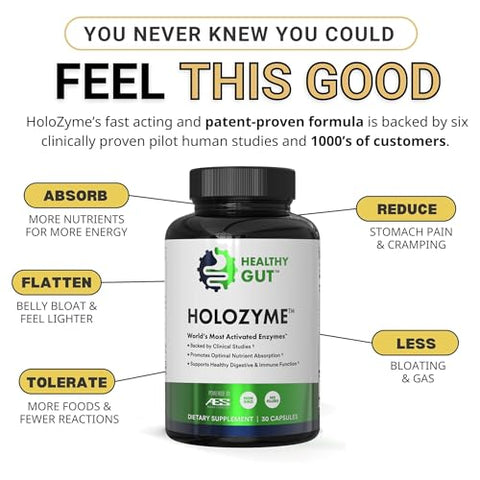 Healthy Gut,LLC - HoloZyme Enzimas Digestivas para um Intestino Saudável | Desfrute Novamente de seus Alimentos Favoritos | com Protease, Amilase, Lipase, Lactase e Mais | 15 Porções