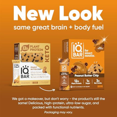 Generic - IQ BAR – Barra de Proteína Vegetal para o Cérebro e o Corpo – Peanut Butter Chip – 12 Unidades, Baixo Carboidrato, Alta Fibra, Sem Glúten, Lanche Vegano – Baixo Açúcar – Alta Proteína