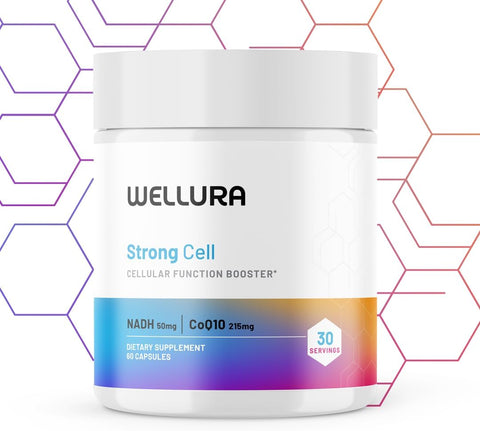 Wellura - Strong Cell | Cápsula Potencializadora da Função Celular | NADH, CoQ10. Taxa de Absorção de 90%. Vitaminas B1, B2, B3, B6, B7 e B12. Vitamina K2