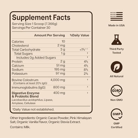 Baese Nutrition - Chocolate Orgânico em Pó de Colostro Bovino 4000mg para Humanos – Probióticos de Colostro de Gado Alimentado com Grama – Suplemento de Colostro para Crianças