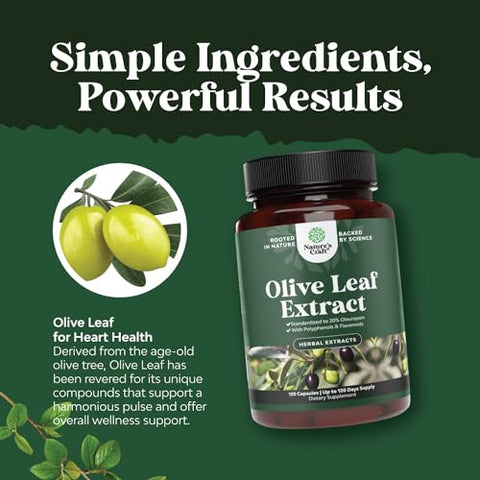 Natures Craft - Cápsulas de Extrato de Folha de Oliveira Potente – Suplemento Antioxidante de Alta Potência com Folha de Oliveira Pura com 20% de Oleuropeína – Suplemento Herbal para a Saúde do Coração – Vegano Não-OGM