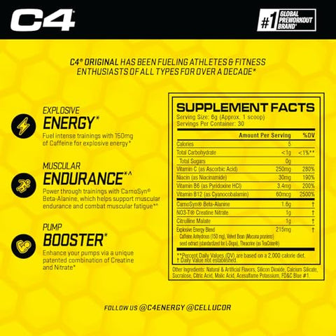C4 Original Pó Pré-Treino ICY Blue Razz – Vitamina C para Suporte Imunológico – Energia Pré-Treino Sem Açúcar para Homens - Cellucor