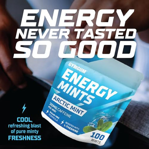 GYMGUM - Energy Caffeine Mints | Menta Energética com Cafeína, L-teanina e Vitaminas do Complexo B | Menta Cafeinada com 60mg de Cafeína por Porção | Deliciosas Mentas Energéticas Sem Açúcar | (Menta Ártica, 100 Unidades)