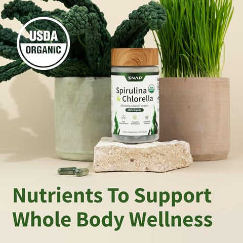 Spirulina Chlorella Orgânica USDA – Cápsulas de Superfoods Verdes para Energia Natural e Saúde Metabólica, 120 Cápsulas - Snap Supplements