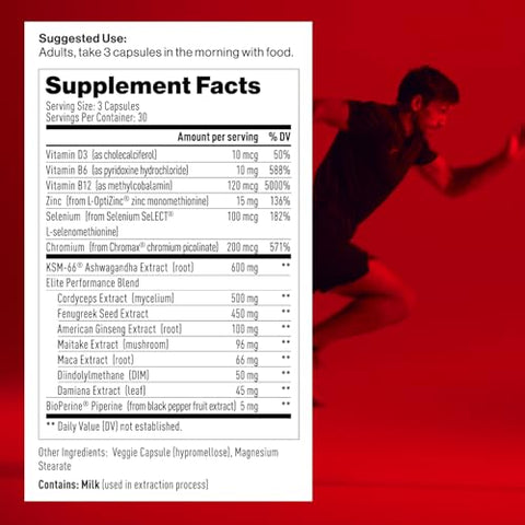 Elite Test Booster for Men – Suporte à Saúde Imune, Energia, VO2Max, Recuperação, Alívio do Estresse, Massa Muscular Magra, KSM-66 Ashwagandha, DIM, Fenugreek, 90 Cápsulas - Mdrive