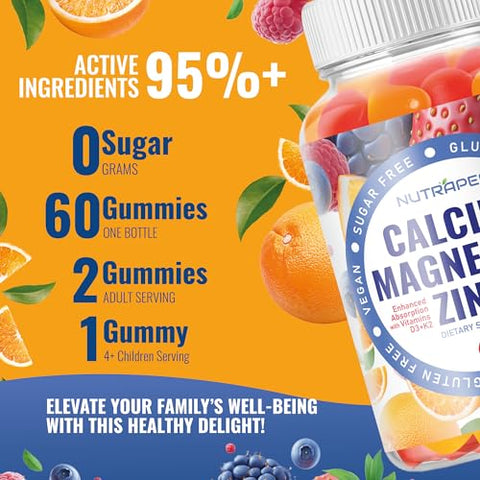NutraPep - Gomas de Suplemento de Cálcio Magnésio Zinco – com Vitamina D3 K2 Magnésio Glicinato – Sabor Laranja e Frutas Vermelhas Veganas Sem Açúcar e Sem Glúten para Homens Mulheres Crianças