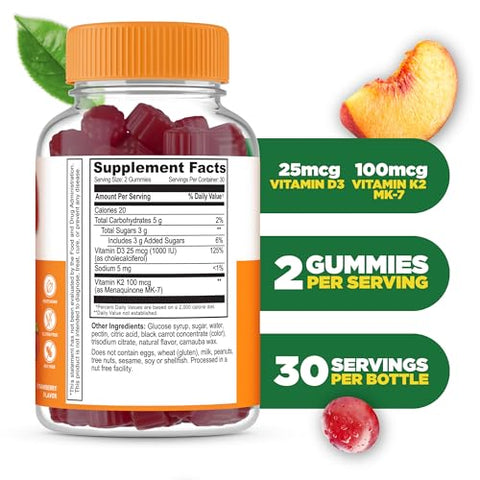 Gomas de Vitamina D3 K2 para Adultos | 1000ui D3 e K2 100mcg | Suplementos Saborosos de D3 e K2 | para Saúde Óssea e Imunidade | VIT D3 K2 para Adultos, Homens e Mulheres | - Lifeable