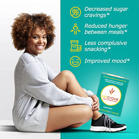 Gum com Extrato de Açafrão Satiereal – Controle o Lanche Compulsivo, a Compulsão Alimentar e os Desejos para uma Gestão Saudável do Peso – Melhore o Humor – Menta Crocante, 4 Caixas de 7 Pacotes - UNCRAVE