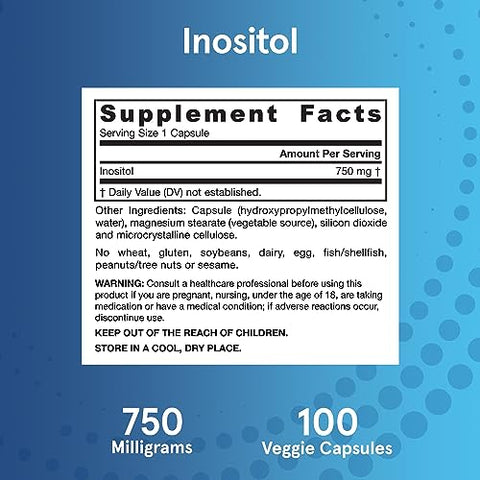 Inositol 750 mg – Suporte hepático para saúde celular e bem-estar geral – 100 cápsulas vegetais - Jarrow Formulas