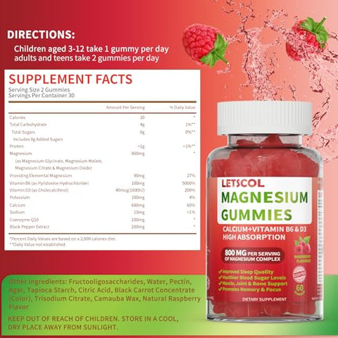 LETSCOL - Magnesium Glycinate Gummies 800mg por Porção, Suplemento de Magnésio Sem Açúcar com Magnésio Malato, Cálcio, Vitamina D3, B6, CoQ10 para Suporte Calmante