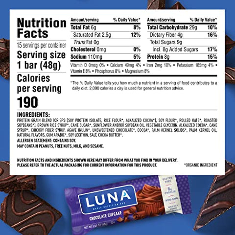Clif Bar - LUNA BAR – Barras de Lanche sem Glúten – Cupcake de Chocolate – 8g de Proteína – Não-OGM – Lanche Saudável à Base de Plantas – Snacks para Levar (Barras de Lanche de 48g, 15 Unidades)