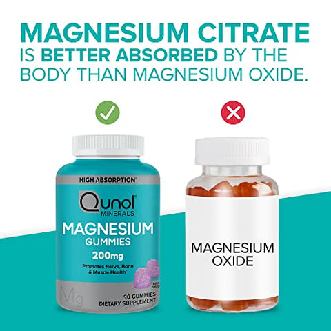 Gummies de Magnésio para Adultos, 200mg Citrato de Magnésio de Alta Absorção, Suporte para Saúde dos Nervos/Ossos, Saúde Muscular, Vegetariano, 90 Unidades (embalagem de 1) - Qunol
