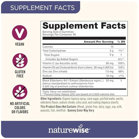 Gomas de Sabugueiro com Vitamina C D3 Zinco – Equivalente a 3.250mg de Sabugueiros Sambucus Premium – Suporte Imunológico para Crianças - NatureWise