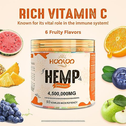 HOOLOO - Hemp Gummies Extra Forte para Adultos – 6 Sabores Frutados Infundidos com Vitaminas, Ômega 3 – Goma de Mascar Mastigável para Noites de Sono Profundo, Concentração, Relaxamento – Pacote com 4 – Fabricado nos EUA