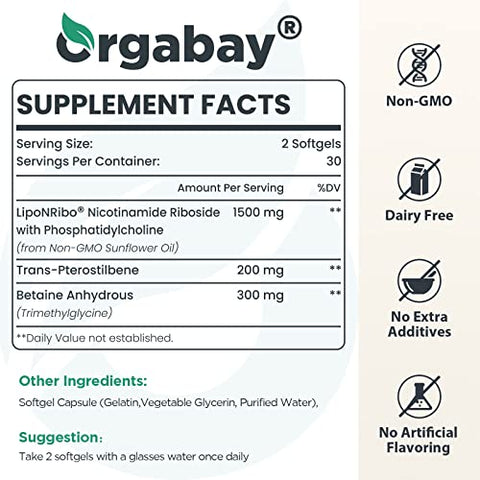 Orgabay - Liposomal Nicotinamida Ribosídeo 2000 MG com TMG e Pterostilbeno, Aumentando o NAD, Apoio ao Envelhecimento Saudável, 120 Comprimidos