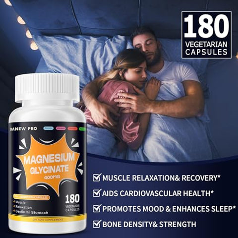 DANEW PRO - Magnésio Glicinato 400 MG por Porção 100%% Quelado para Alta Absorção, Suave no Estômago, Não-OGM, 180 Cápsulas Vegetarianas