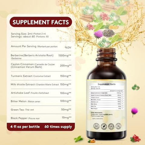SYSCOCOS - Berberine Líquido 8 em 1 – 118 ml Suplemento Orgânico Berberine HCL Complexo com Cúrcuma, Melão Amargo, Cardo de Leite, Canela do Ceilão para Imunidade, 98%
