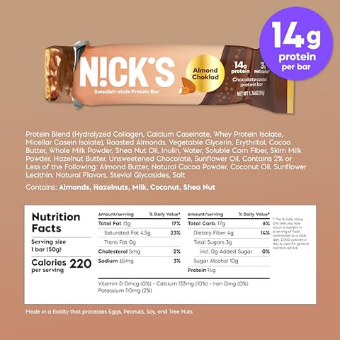 N!CK'S - Nick’s Barras de Proteína Amêndoa Chocolate | 14g proteína | 220 calorias | Snacks Low Carb Keto Amigáveis Sem Açúcar Adicionado (Multipack 12 barras x 50g)