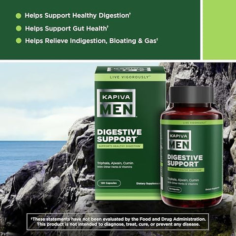 KAPIVA MEN - Suplemento Digestivo com Triphala, Ajwain, Cominho e Outras Ervas e Vitaminas, Promove Digestão Saudável e Saúde Intestinal, Fornecimento de 60 Dias, 120 Cápsulas