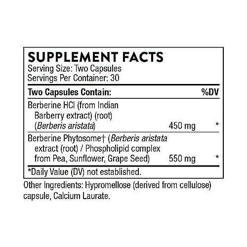 Berberine – Fórmula de Ação Dupla com Extrato Botânico Phytosome Plus – Suporte à Saúde Cardíaca, Sistema Imunológico, Saúde Digestiva, Colesterol – Livre de Glúten, Sem Lactose – 60 cápsulas - THORNE