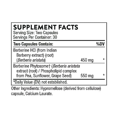 Berberine – Fórmula de Ação Dupla com Extrato Botânico Phytosome Plus – Suporte à Saúde Cardíaca, Sistema Imunológico, Saúde Digestiva, Colesterol – Livre de Glúten, Sem Lactose – 60 cápsulas - THORNE