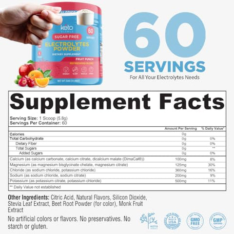 Pó de Eletrólitos Keto | Eletrólitos Amigáveis ao Keto com Potássio, Magnésio, Sódio, Cálcio | Mistura Energética de Bebida de Eletrólitos Keto | Sem Açúcar, Zero - Keto Vitals