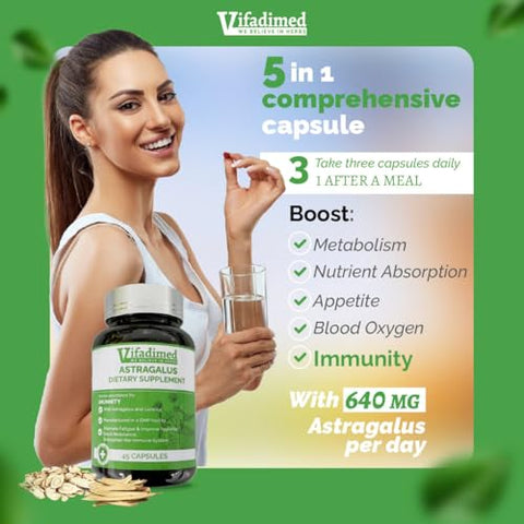 VIFADIMED - Astragalus – Extrato Herbal 9600mg, Dose Diária de 640mg. Estimulante de Apetite, Suporte ao Metabolismo, Absorção de Nutrientes, Oxigenação Sanguínea, Suporte Imunológico. Reduz a Fadiga Corporal. Vitalidade – 15g