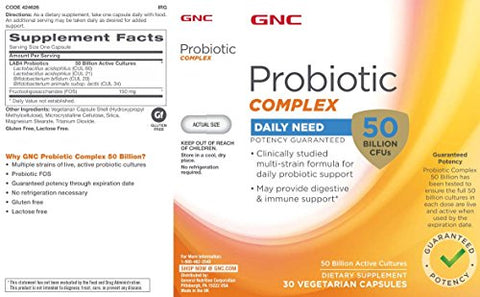 Probiotic Complex Daily Need 50 Bilhões CFUs | Estudo Clínico Multi-Cepas, Suporte para Saúde Digestiva e Imunológica, Vegetariano | 30 Cápsulas - GNC