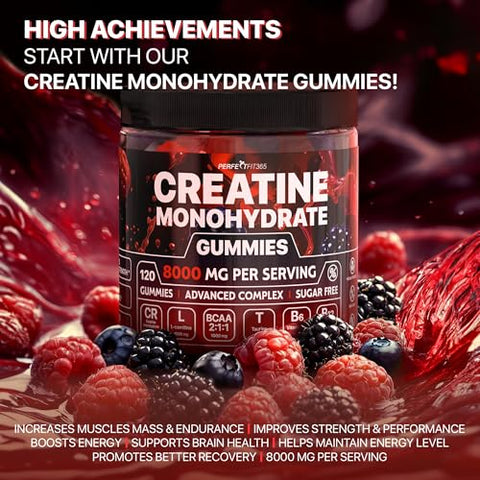 PERFECTFIT365 - Creatine Monohydrate Gummies Complex 8000mg – Suplemento de Creatina Mastigável para Homens e Mulheres com L-Carnitina, Taurina, Creatina Monohidratada Mastigável, Força Muscular, Sabor Framboesa