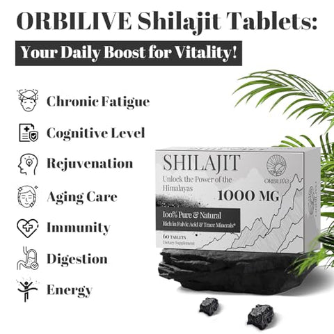 ORBILIVE - 30,000 MG de Comprimidos de Shilajit, 100%% Puro Orgânico do Himalaia, para Homens e Mulheres, Rico em Ácido Fúlvico